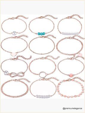 12pc Simple Silver Gold Bracelets Set Dainty Tiny Charm Handmade Adjustable